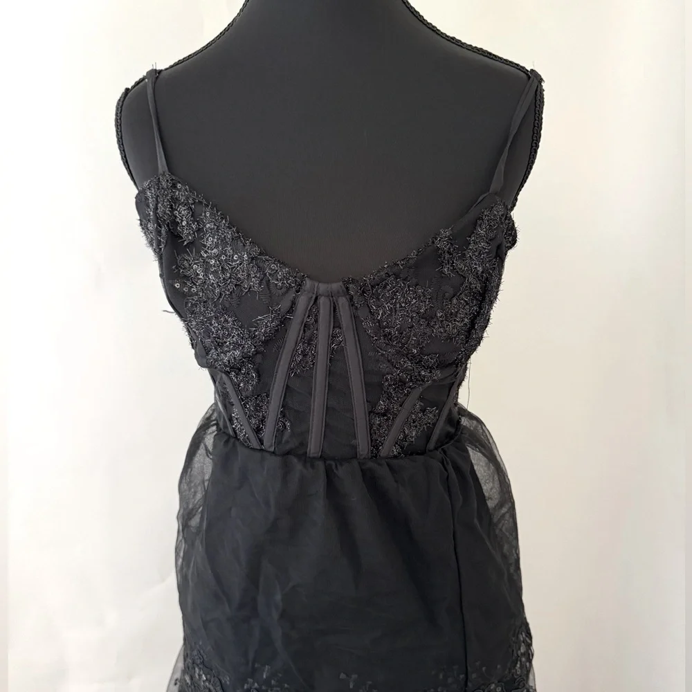 Lulus Alluring Sensation Black Tulle Embroidered Tiered Maxi Dress, Size XS, NWT - Picture 9 of 15